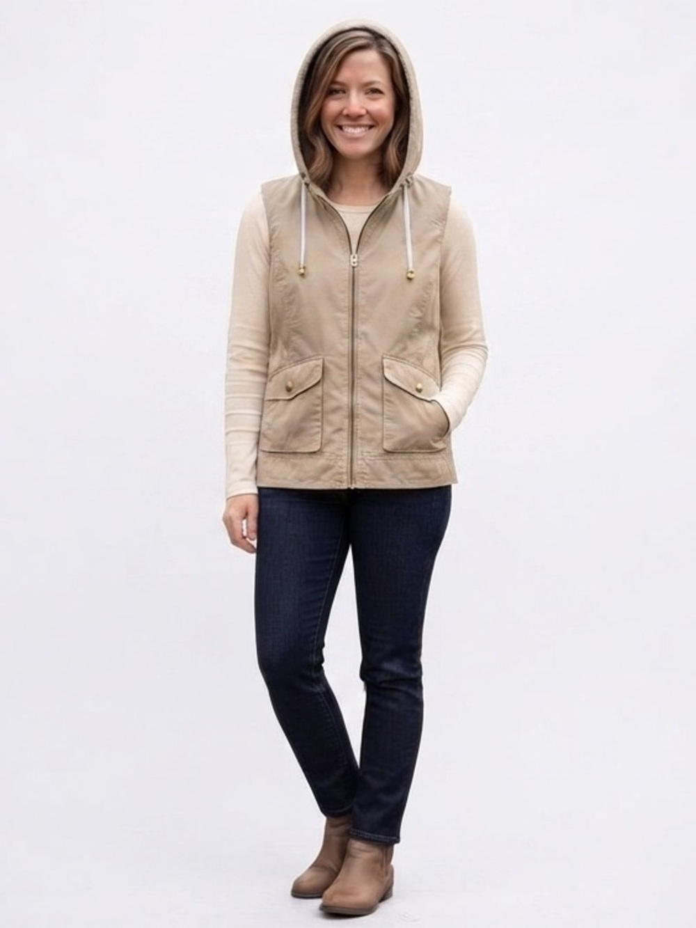 LAUREN Ralph Lauren Reversible Hooded Utility Vest | Beige & White | Size IX